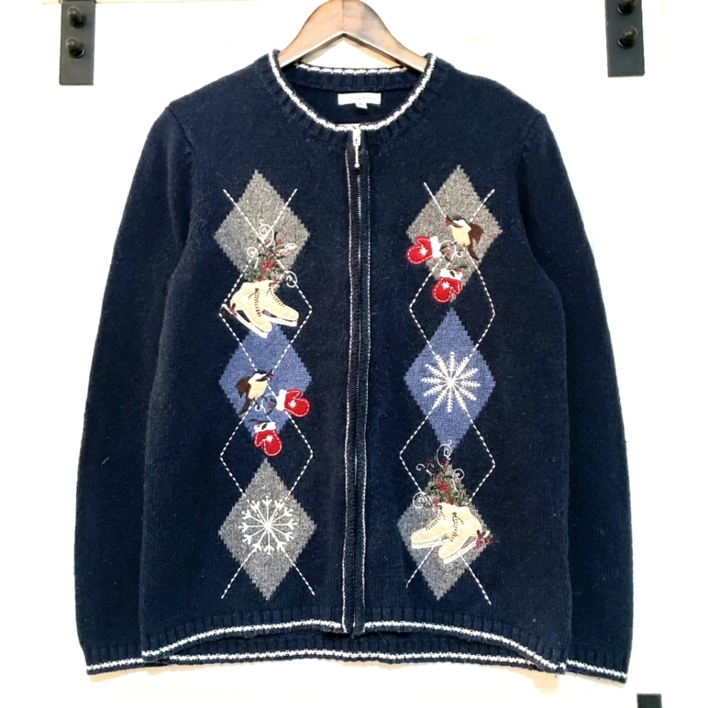 Croft Barrow Zip Cardigan Sweater Argyle Winter Scene Navy Blue Womens M
